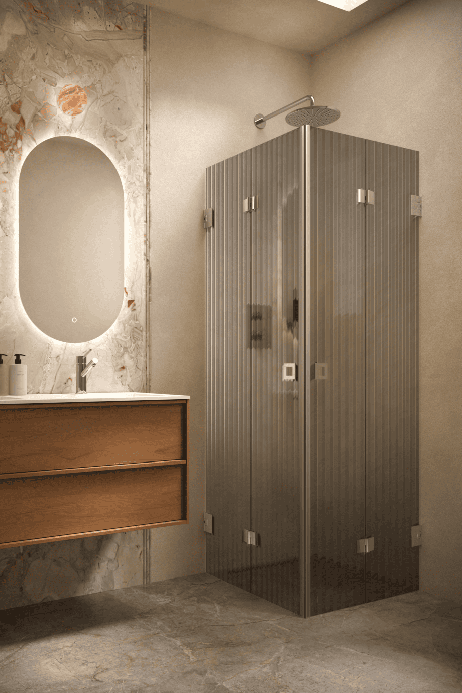 Duschhörna Hietakari Vetro 546, förkromade beslag, grått räfflat glas (Reeded)