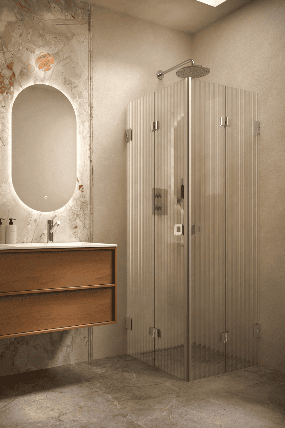 Duschhörna Hietakari Vetro 546, förkromade beslag, räfflat glas (Reeded)