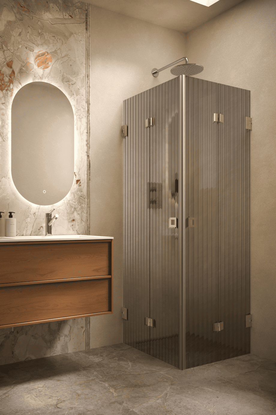 Duschhörna Hietakari Vetro 546, mässingsbeslag, grått räfflat glas (Reeded)