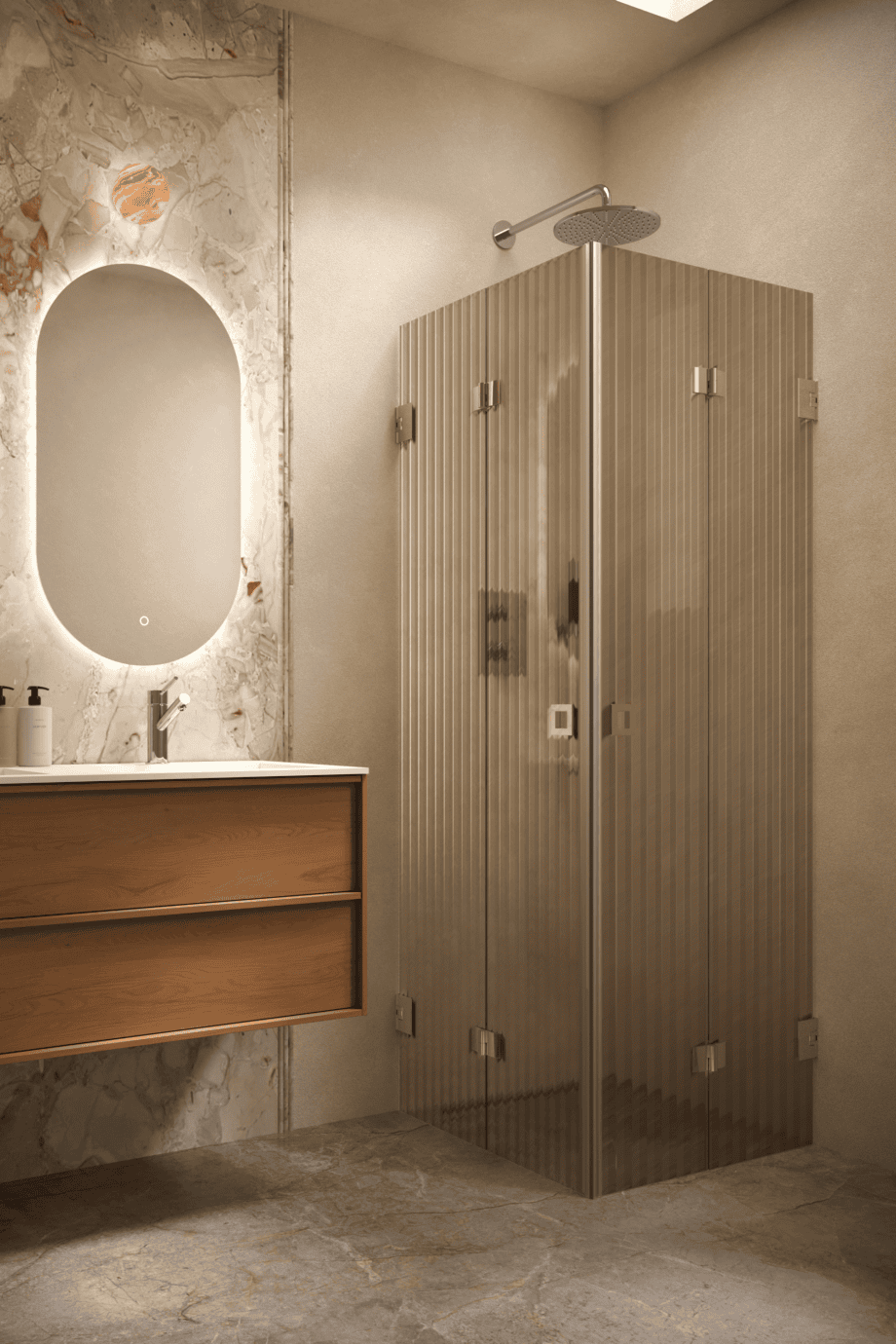 Duschhörna Hietakari Vetro 546, mässingsbeslag, brunt räfflat glas (Reeded)