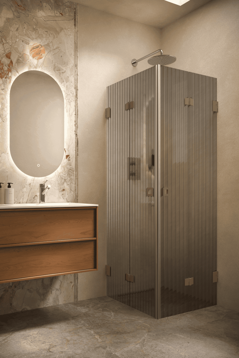 Duschhörna Hietakari Vetro 546, Mocha-beslag, grått räfflat glas (Reeded)