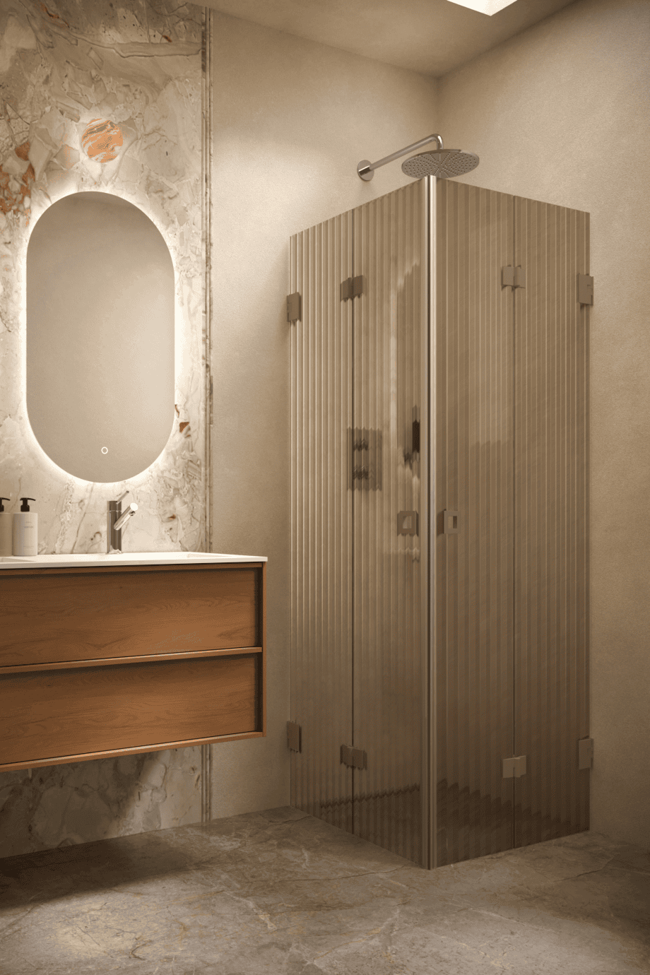 Duschhörna Hietakari Vetro 546, Mocha-beslag, brunt räfflat glas (Reeded)