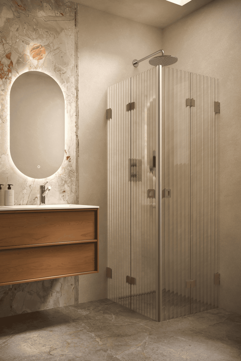 Duschhörna Hietakari Vetro 546, Mocha-beslag, räfflat glas (Reeded)