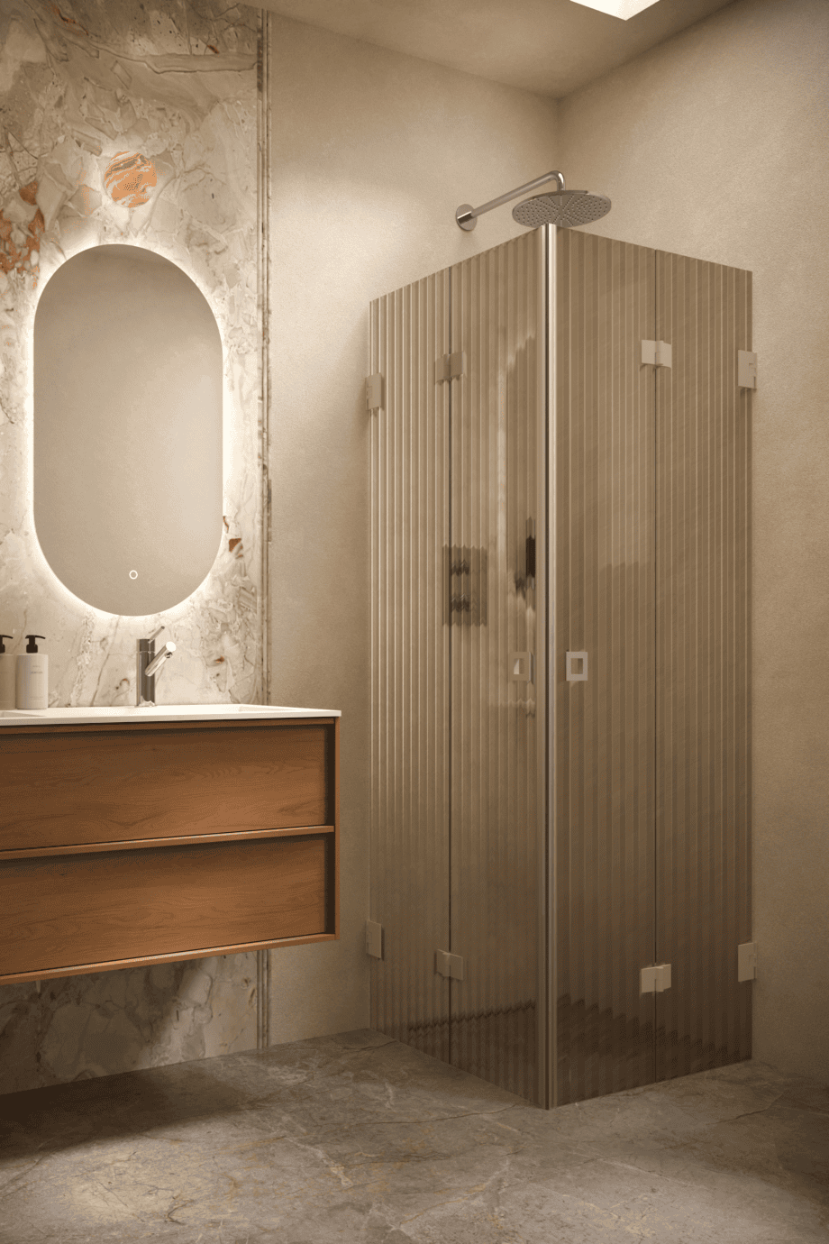 Duschhörna Hietakari Vetro 546, Sand-beslag, brunt räfflat glas (Reeded)