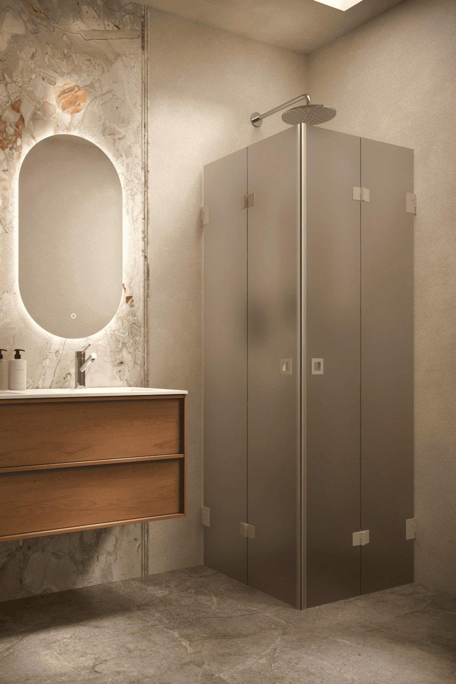 Duschhörna Hietakari Vetro 546, Sand-beslag, brunt satinerat glas