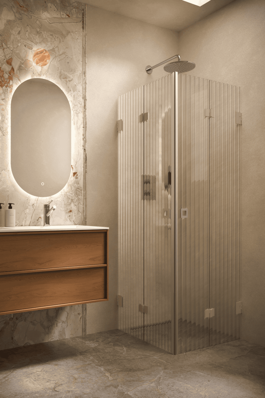 Duschhörna Hietakari Vetro 546, Sand-beslag, räfflat glas (Reeded)