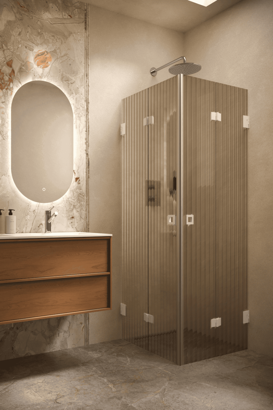 Duschhörna Hietakari Vetro 546, vita beslag, brunt räfflat glas (Reeded)