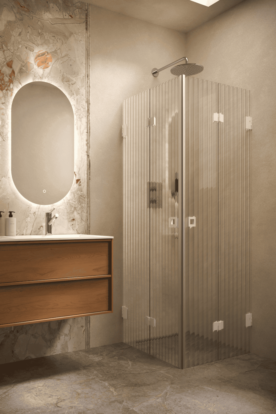 Duschhörna Hietakari Vetro 546, vita beslag, räfflat glas (Reeded)