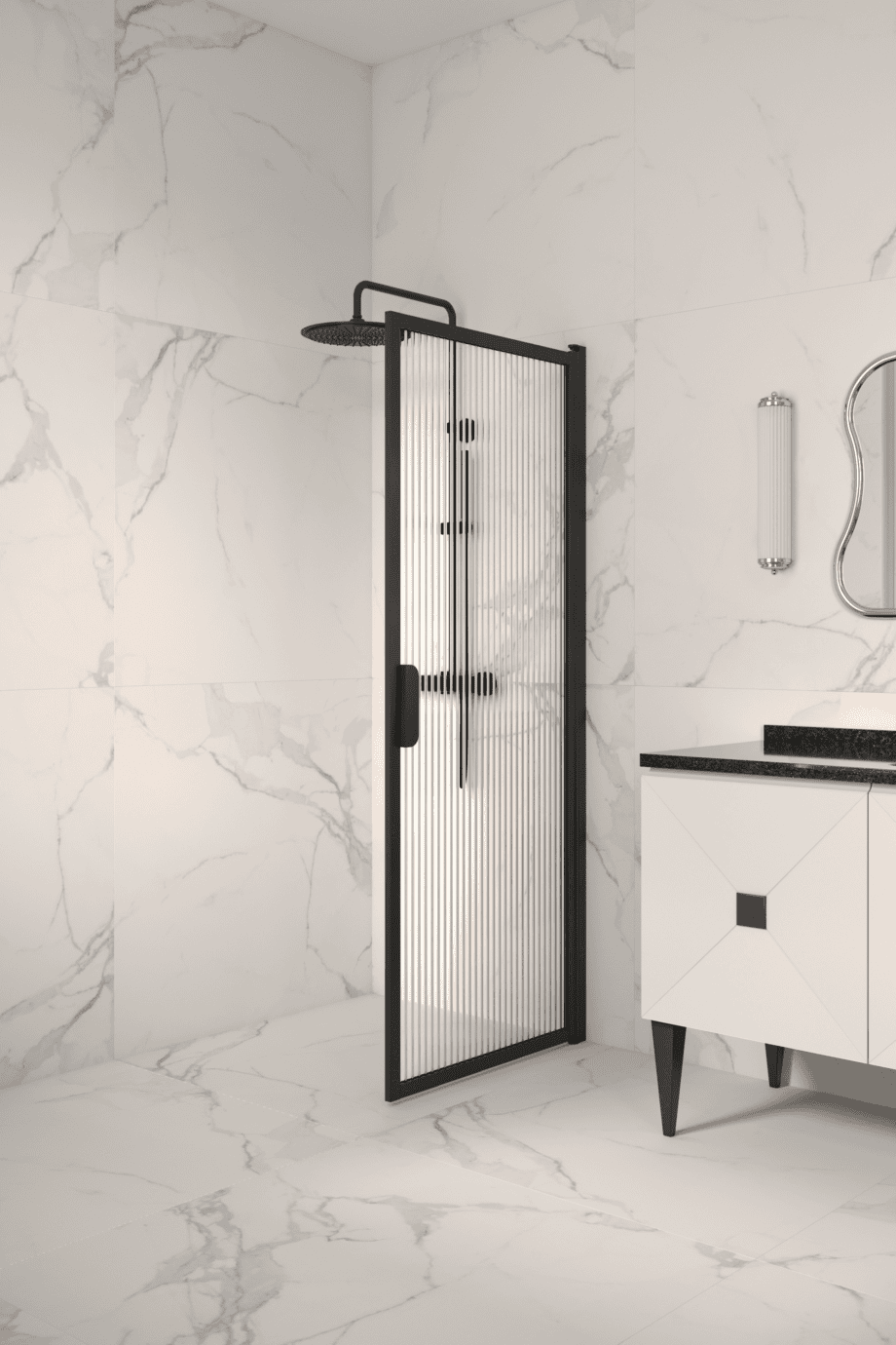 Svängbar duschdörr Hietakari Bläk 732 New York, svart ram, räfflat glas (Reeded)