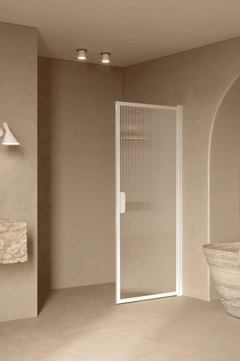 Svängbar duschdörr Hietakari Bläk 732 New York, vit ram, räfflat glas (Reeded)