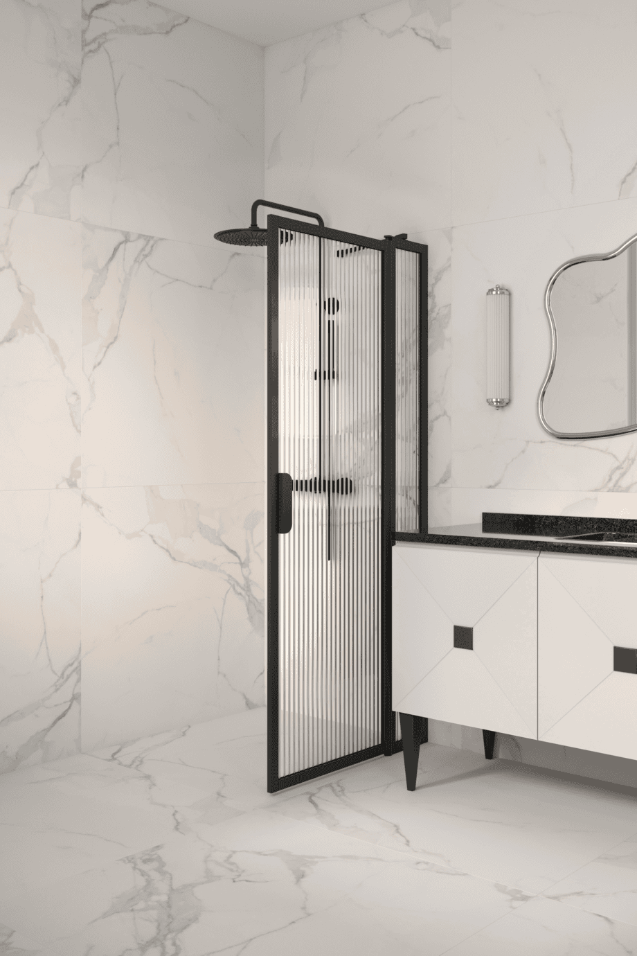 Svängbar duschvägg med fast del Hietakari Bläk 733 New York, svart ram, räfflat glas (Reeded) Svängbar duschvägg med fast del Hietakari Bläk 733 New York, svart ram, räfflat glas (Reeded)