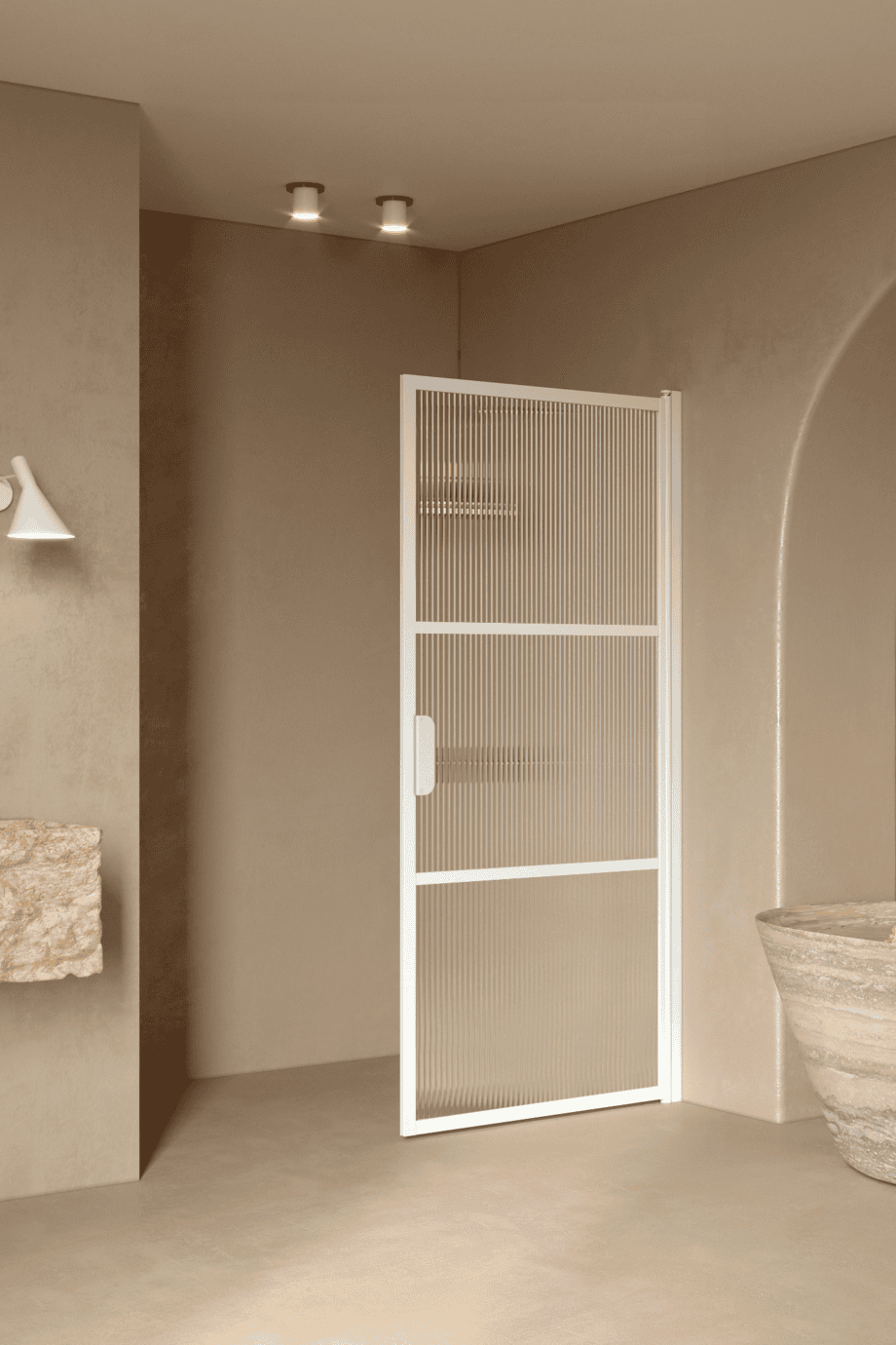 Svängbar duschdörr Hietakari Bläk 735 Tokyo, vit ram, räfflat glas (Reeded)