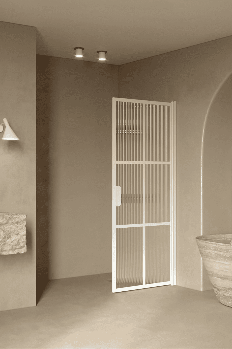 Svängbar duschdörr Hietakari Bläk 738 Paris, vit ram, räfflat glas (Reeded)