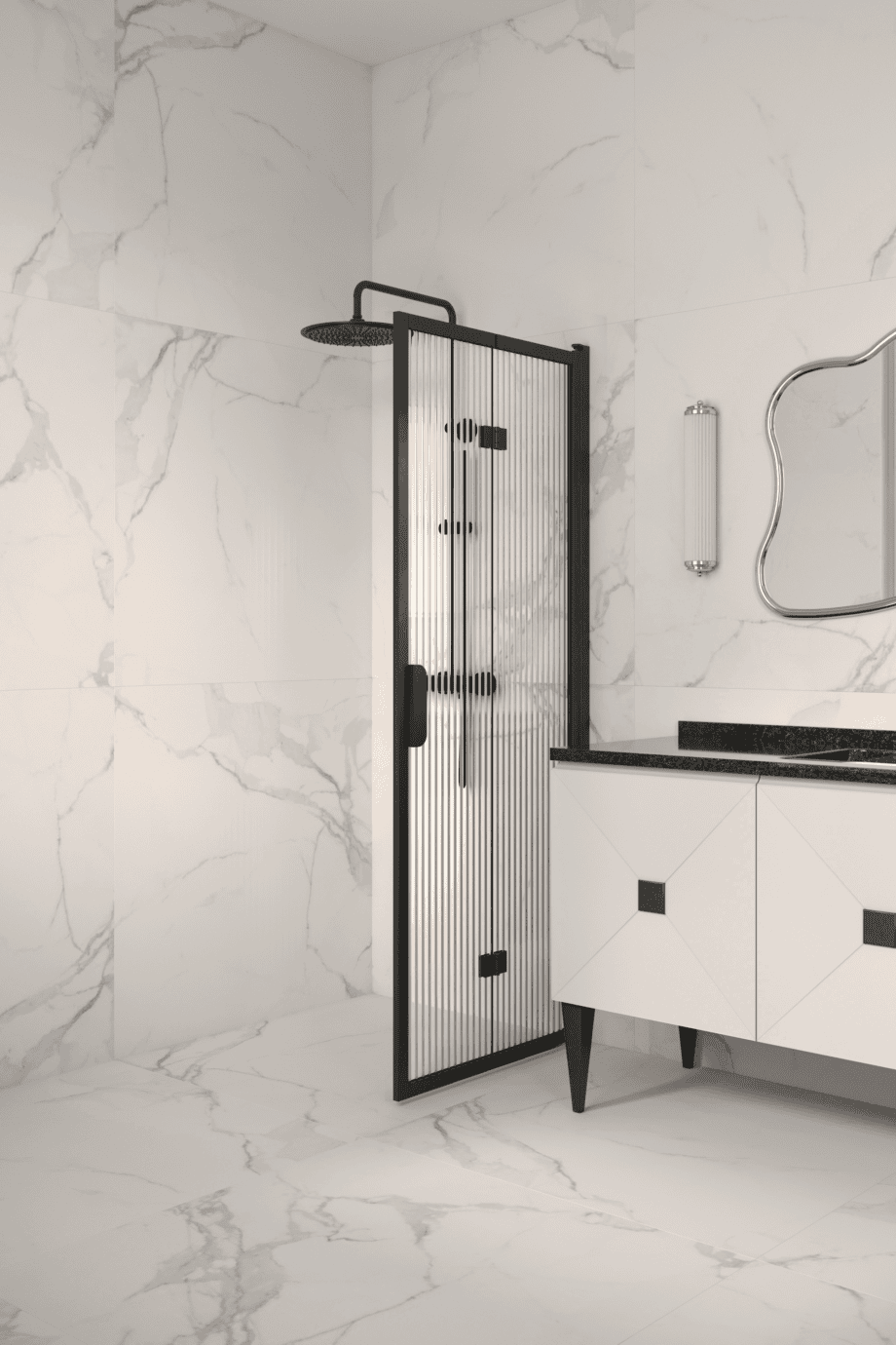Vikbar duschvägg Hietakari Bläk 881 New York, svart ram, räfflat glas (Reeded) Vikbar duschvägg Hietakari Bläk 881 New York, svart ram, räfflat glas (Reeded)
