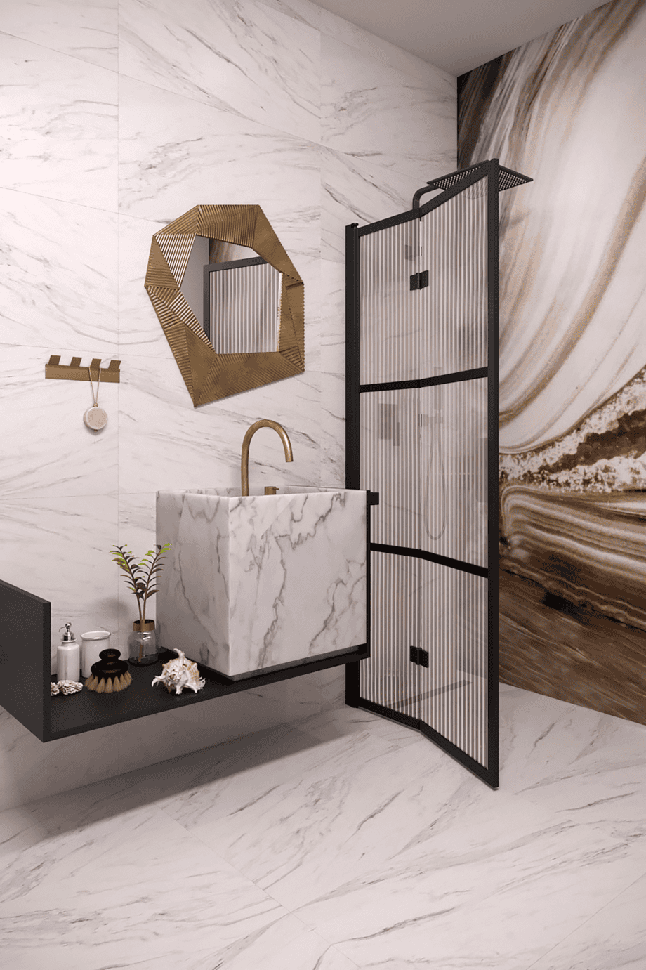 Vikbar duschvägg Hietakari Bläk 882 Tokyo, Cocoa-ram, räfflat glas (Reeded)
