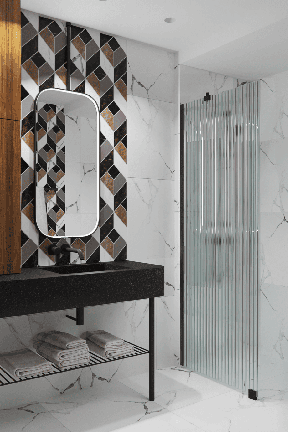 Fast duschvägg Hietakari Forma 301, svart ram, räfflat glas (Reeded)