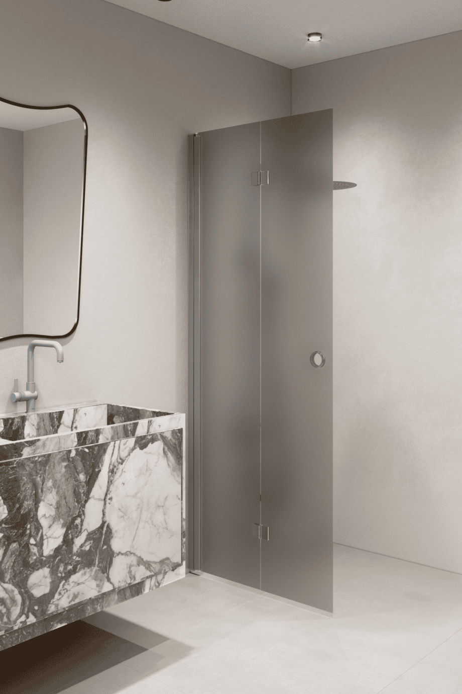 Vikbar duschvägg Hietakari Forma 303, aluminiumram, grått satinerat glas Vikbar duschvägg Hietakari Forma 303, aluminiumram, grått satinerat glas