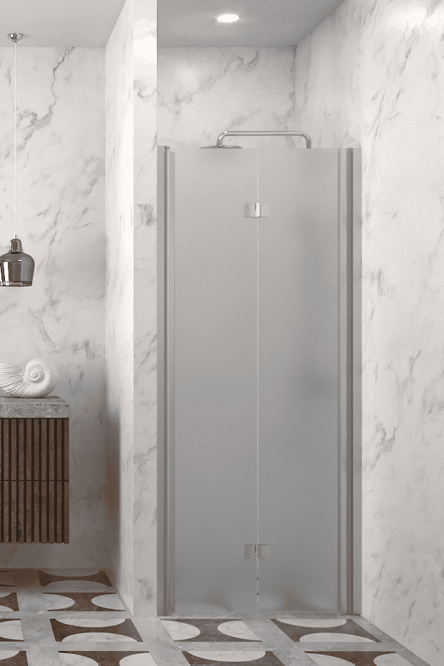 Vikbar duschdörr med väggmagnet Hietakari Infinia 234, aluminiumram, satinerat glas