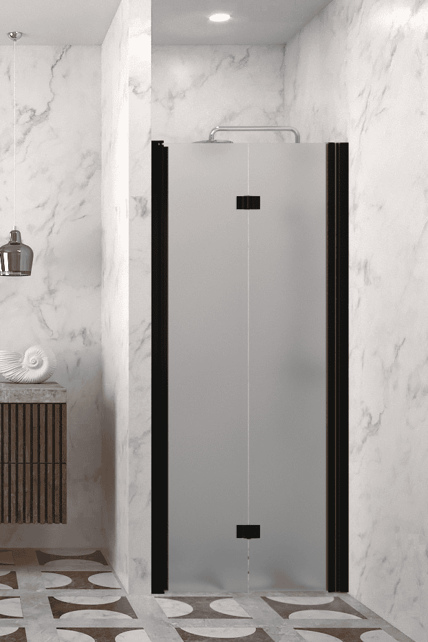 Vikbar duschdörr med väggmagnet Hietakari Infinia 234, svart ram, satinerat glas