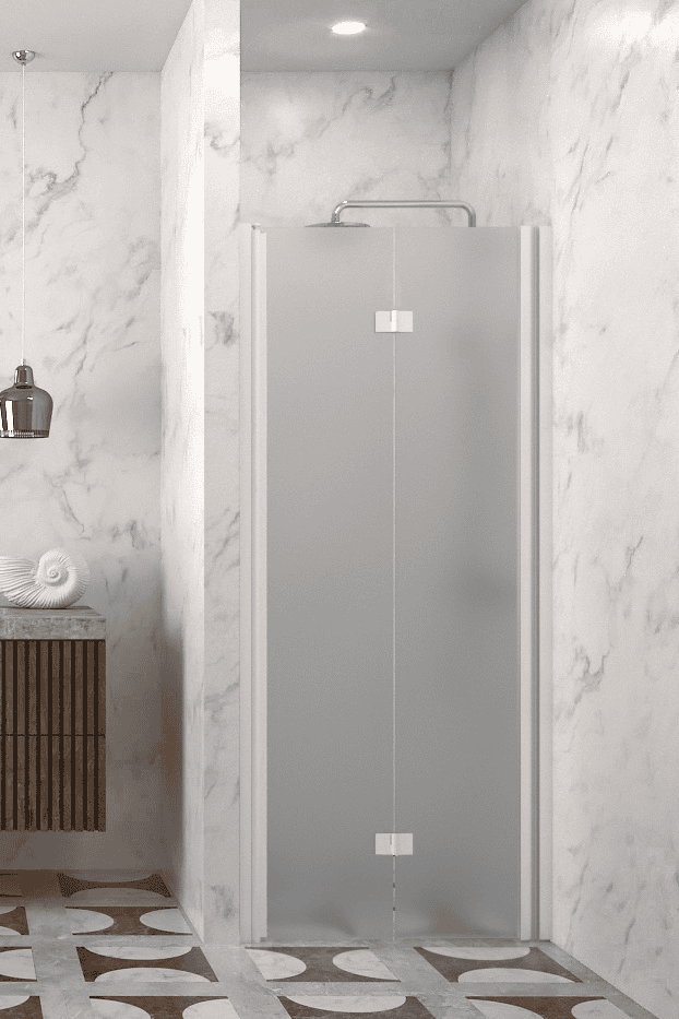 Vikbar duschdörr med väggmagnet Hietakari Infinia 234, vit ram, satinerat glas