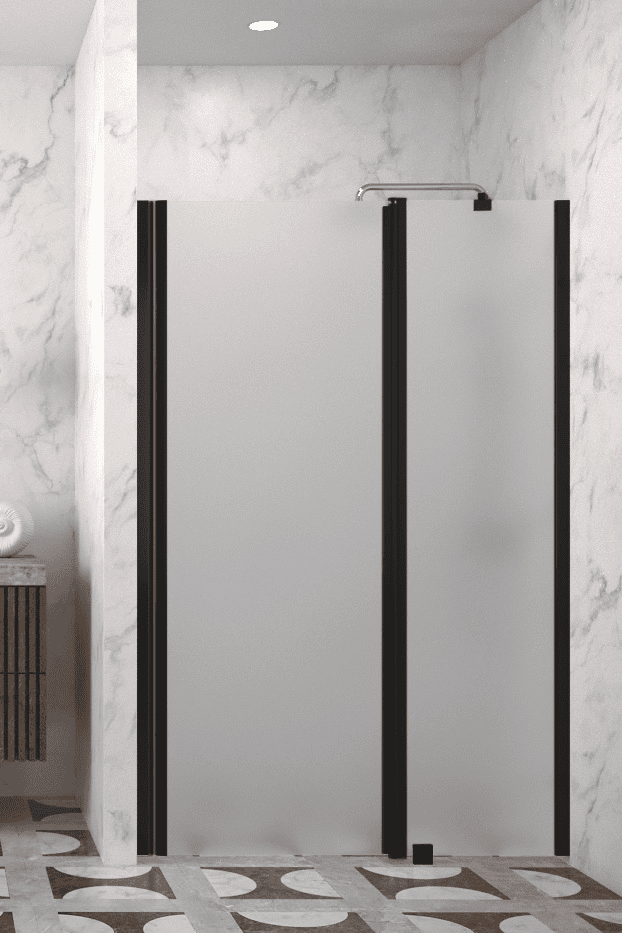 Svängbar duschdörr med fast del och väggmagnet Hietakari Infinia 235, svart ram, satinerat glas