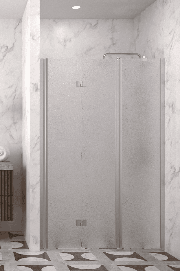 Vikbar duschdörr med fast del och väggmagnet Hietakari Infinia 236, aluminiumram, Chinchilla mönstrat glas Vikbar duschdörr med fast del och väggmagnet Hietakari Infinia 236, aluminiumram, Chinchilla mönstrat glas
