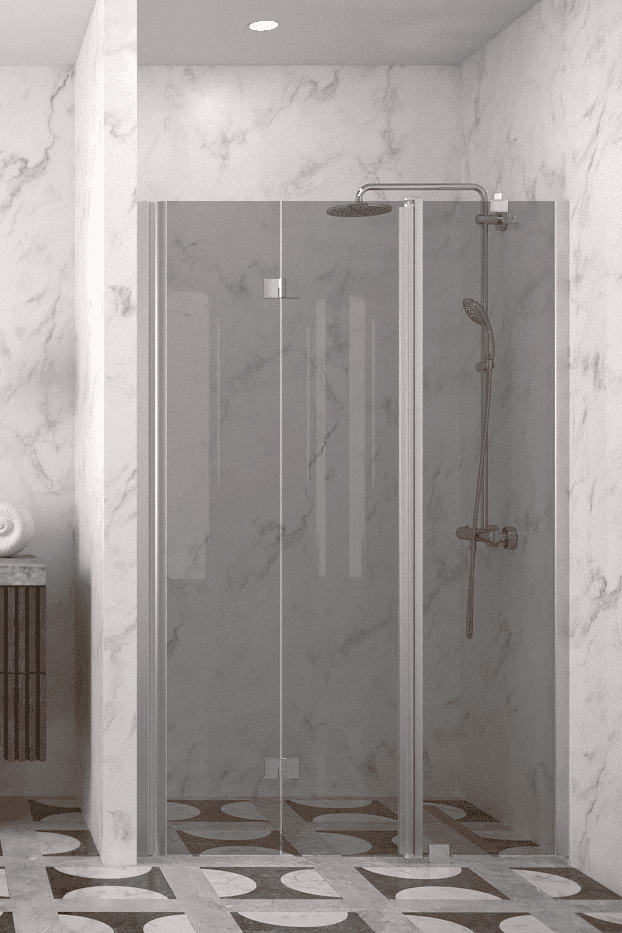 Vikbar duschdörr med fast del och väggmagnet Hietakari Infinia 236, aluminiumram, grått tonat glas Vikbar duschdörr med fast del och väggmagnet Hietakari Infinia 236, aluminiumram, grått tonat glas