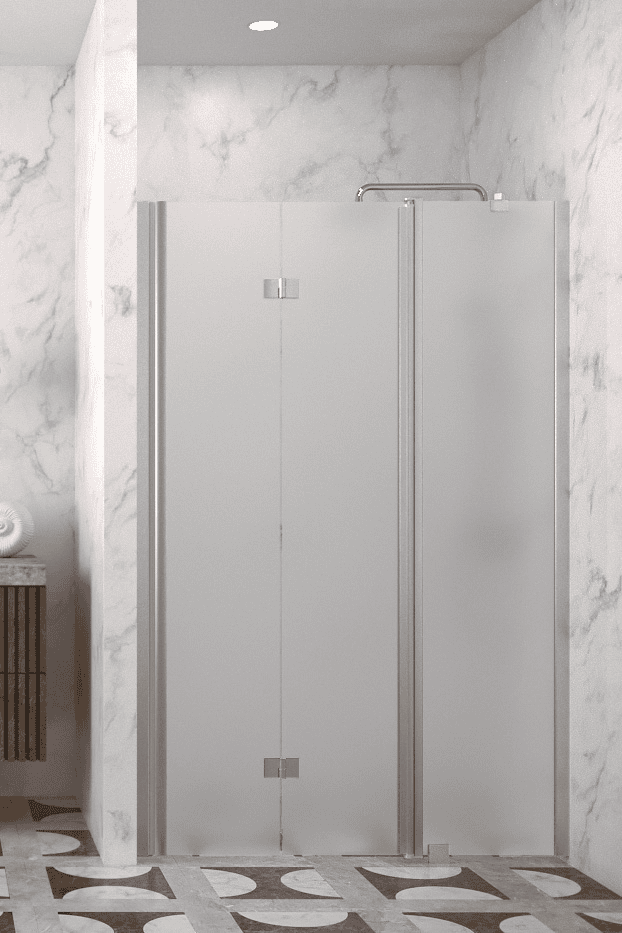 Vikbar duschdörr med fast del och väggmagnet Hietakari Infinia 236, aluminiumram, satinerat glas Vikbar duschdörr med fast del och väggmagnet Hietakari Infinia 236, aluminiumram, satinerat glas
