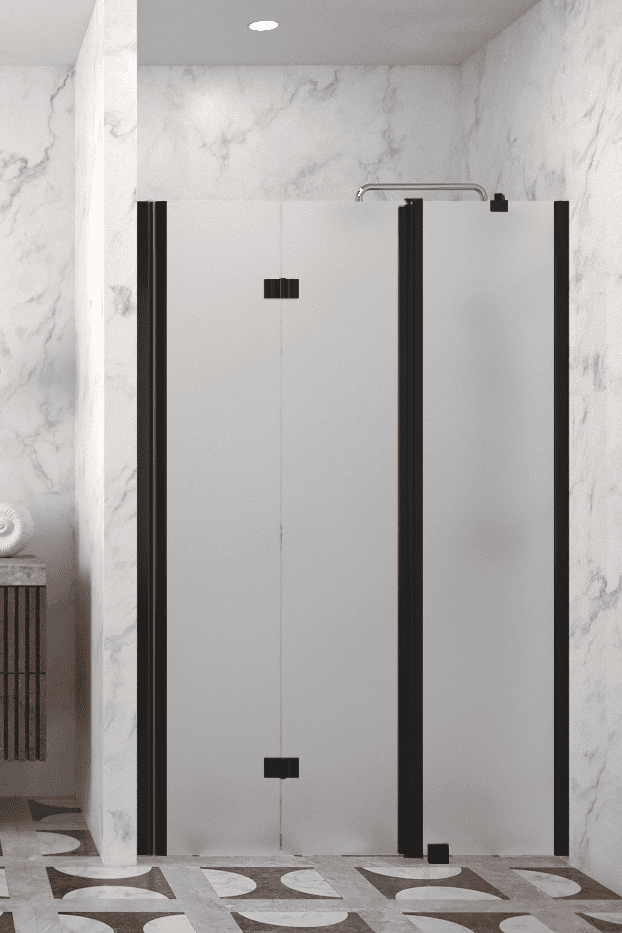 Vikbar duschdörr med fast del och väggmagnet Hietakari Infinia 236, svart ram, satinerat glas Vikbar duschdörr med fast del och väggmagnet Hietakari Infinia 236, svart ram, satinerat glas
