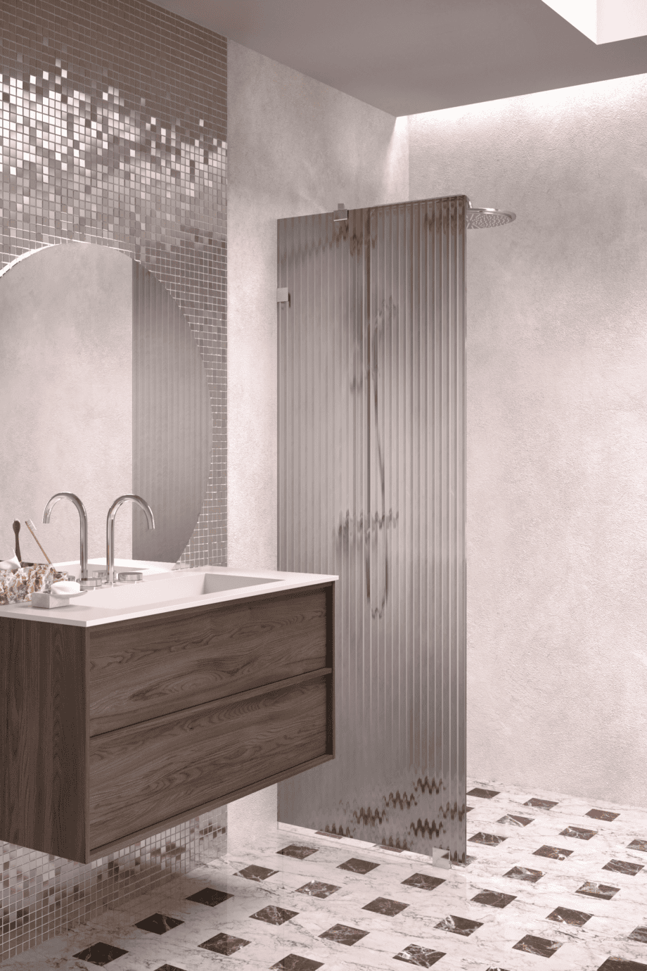 Fast duschvägg Hietakari Vetro 511, förkromade beslag, grått räfflat glas (Reeded)