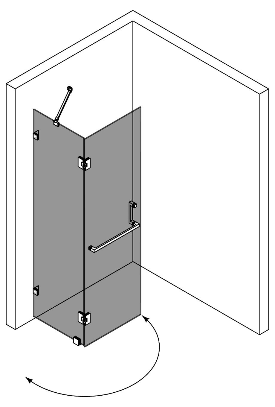 Svängbar duschvägg med fast del Hietakari Vetro 521 – 3D-ritning 2 Svängbar duschvägg med fast del Hietakari Vetro 521 – 3D-ritning 2