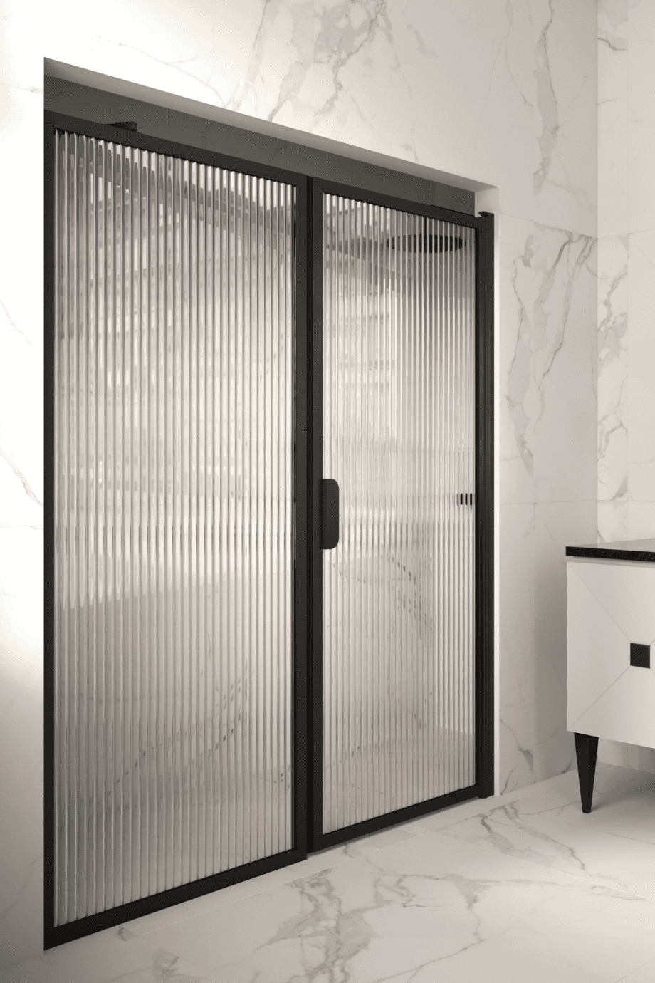 Duschvägg för nisch Hietakari Bläk 740 New York, svart ram, räfflat glas (Reeded)