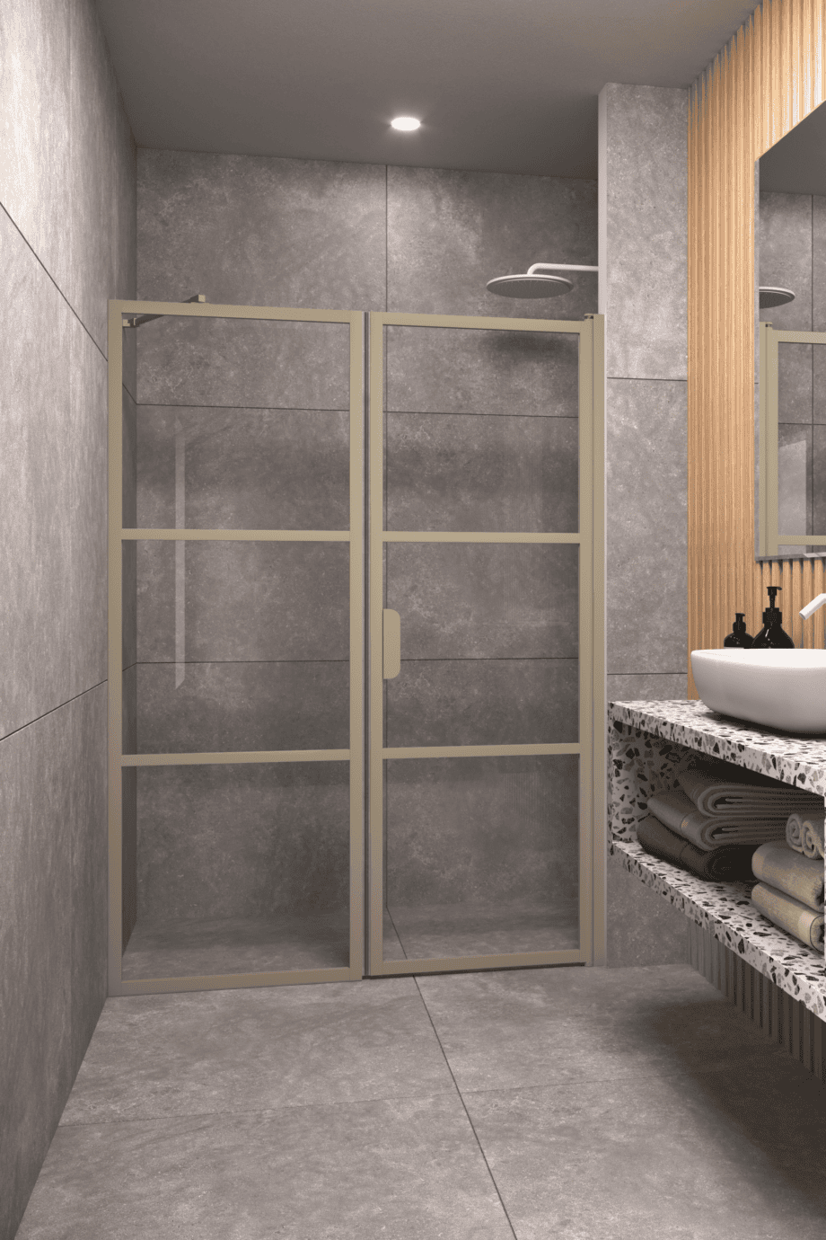 Duschvägg för nisch Hietakari Bläk 745 Tokyo, Sand-ram, räfflat glas (Reeded)