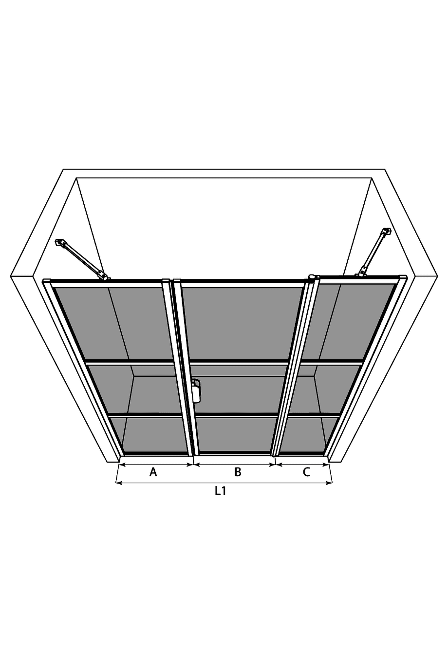 Duschvägg för nisch Hietakari Bläk 746 Tokyo – 3D-ritning Duschvägg för nisch Hietakari Bläk 746 Tokyo – 3D-ritning