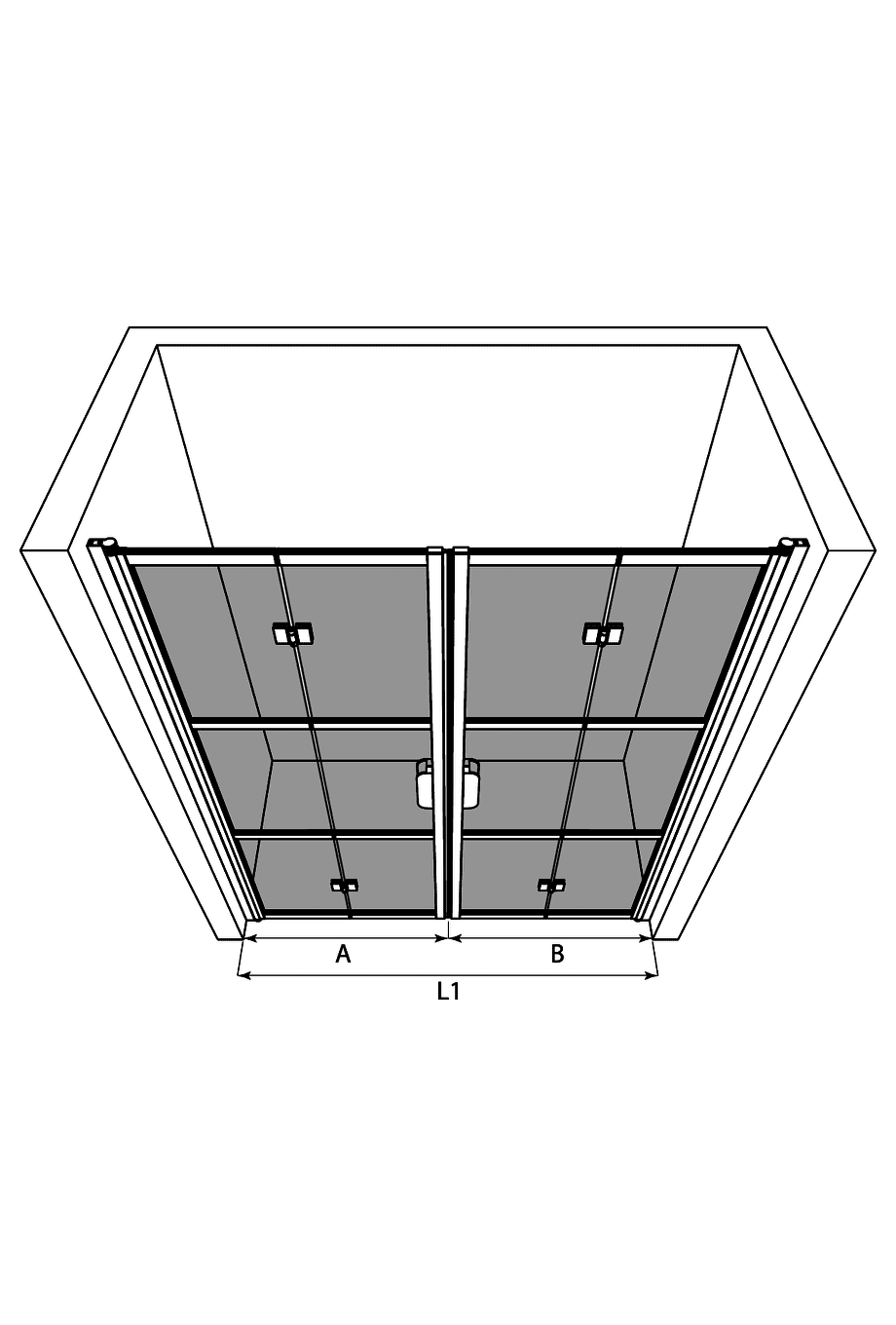 Duschvägg för nisch Hietakari Bläk 837 Tokyo – 3D-ritning Duschvägg för nisch Hietakari Bläk 837 Tokyo – 3D-ritning