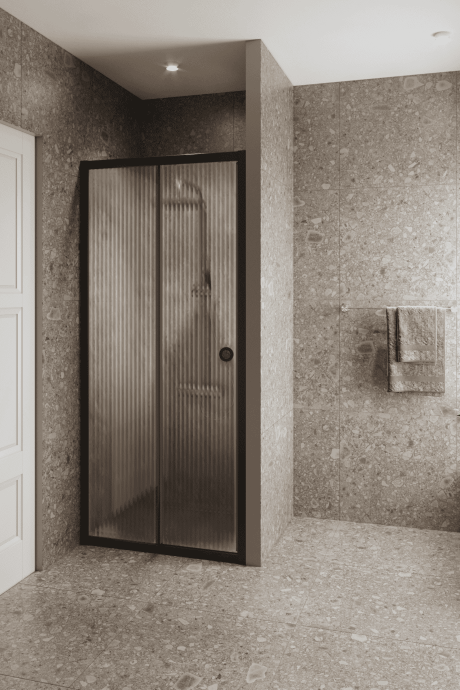 Duschvägg för nisch Hietakari Forma 462, svart ram, räfflat glas (Reeded)