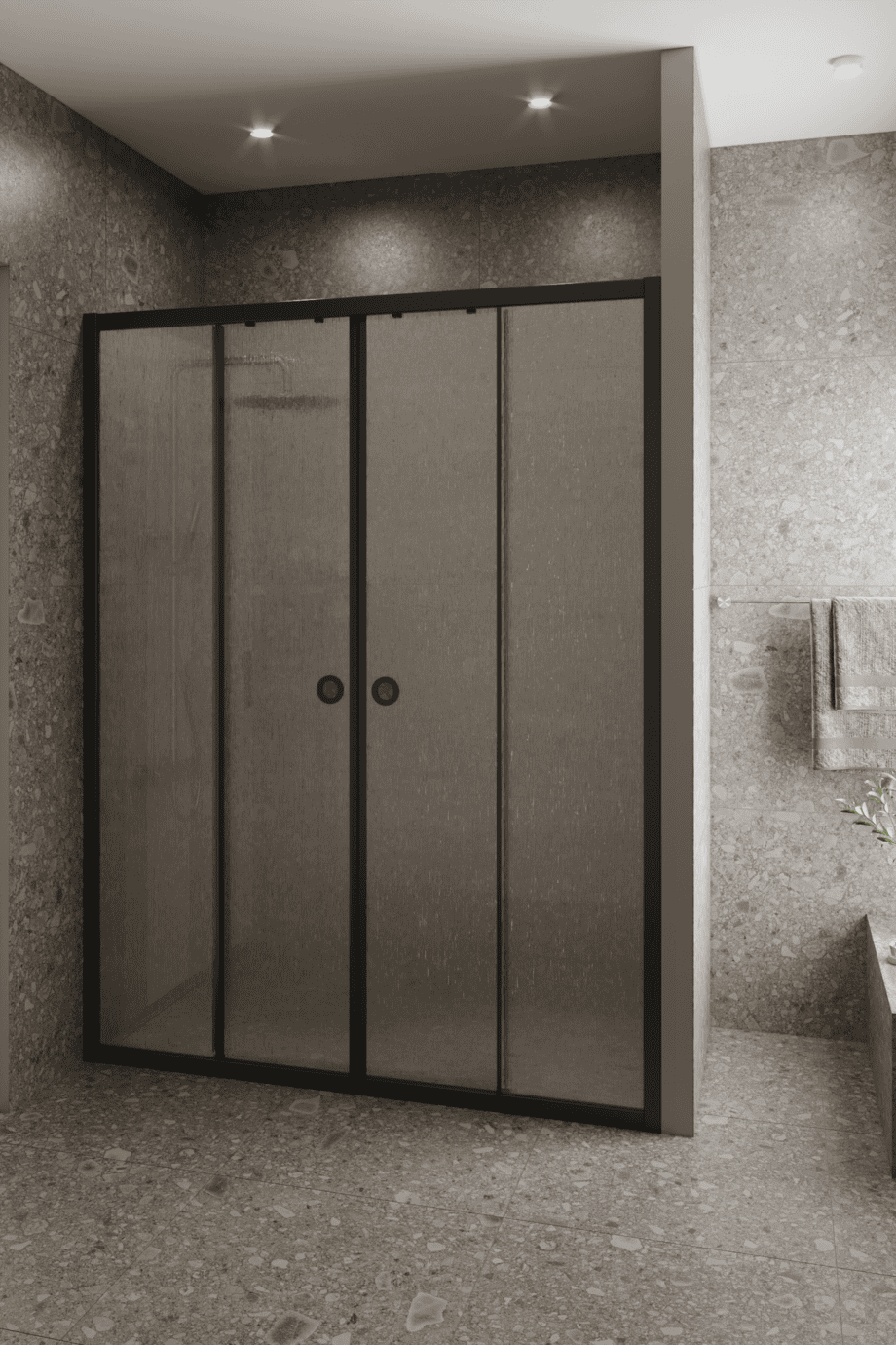 Duschvägg för nisch Hietakari Forma 464, svart ram, Chinchilla mönstrat glas Duschvägg för nisch Hietakari Forma 464, svart ram, Chinchilla mönstrat glas