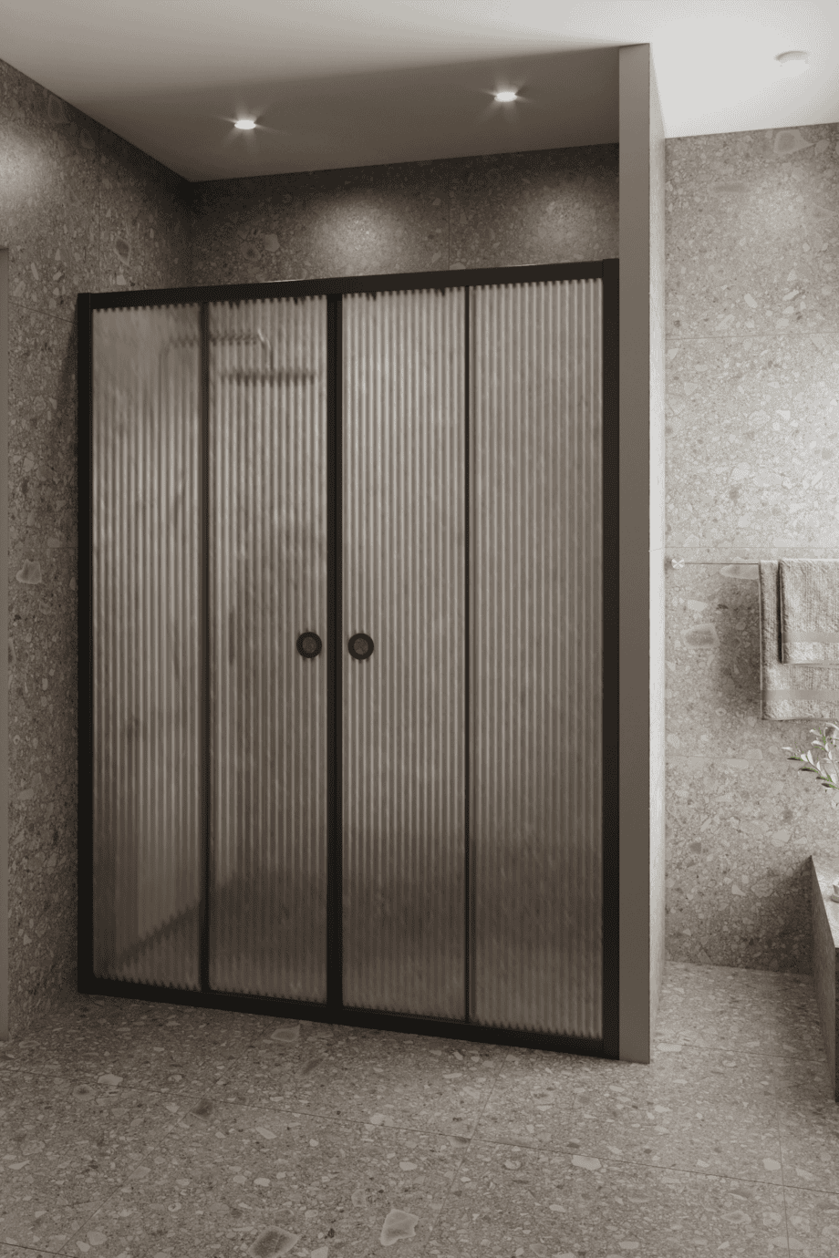 Duschvägg för nisch Hietakari Forma 464, svart ram, räfflat glas (Reeded) Duschvägg för nisch Hietakari Forma 464, svart ram, räfflat glas (Reeded)