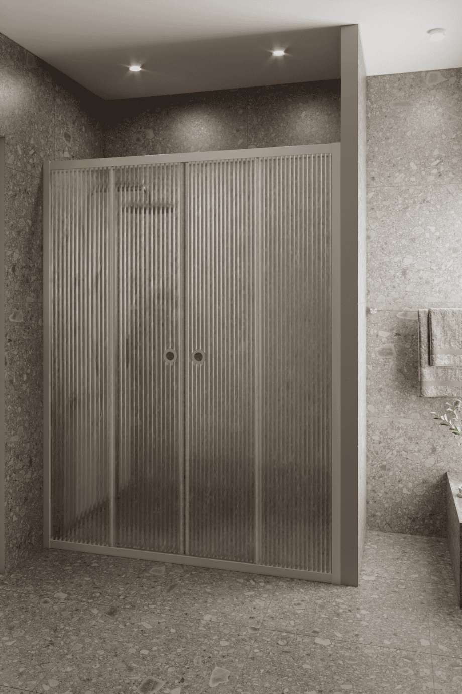 Duschvägg för nisch Hietakari Forma 464, Sand-ram, räfflat glas (Reeded) Duschvägg för nisch Hietakari Forma 464, Sand-ram, räfflat glas (Reeded)