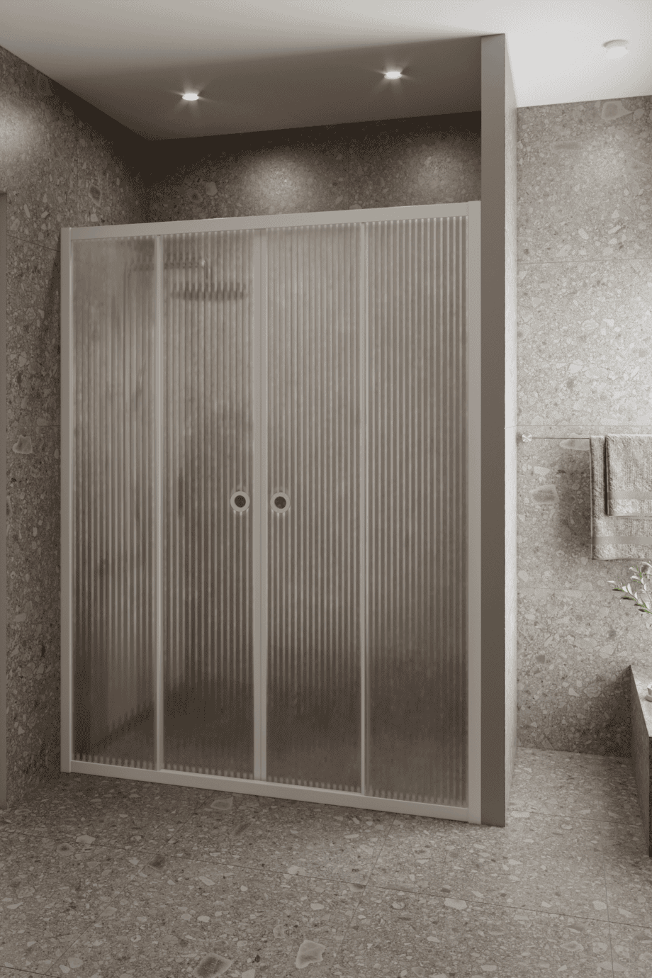 Duschvägg för nisch Hietakari Forma 464, vit ram, räfflat glas (Reeded) Duschvägg för nisch Hietakari Forma 464, vit ram, räfflat glas (Reeded)