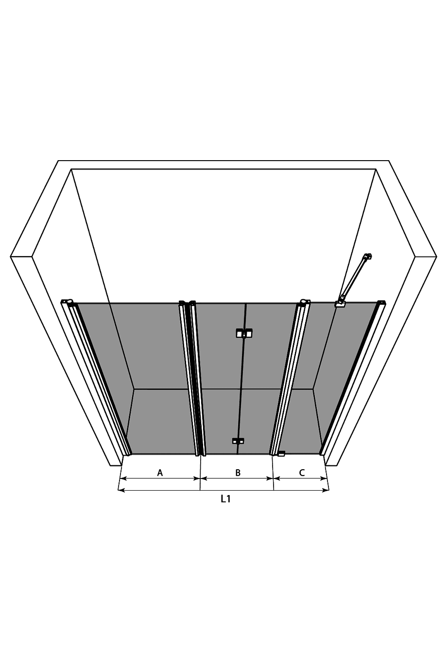 Duschvägg för nisch Hietakari Infinia 244 – 3D-ritning Duschvägg för nisch Hietakari Infinia 244 – 3D-ritning