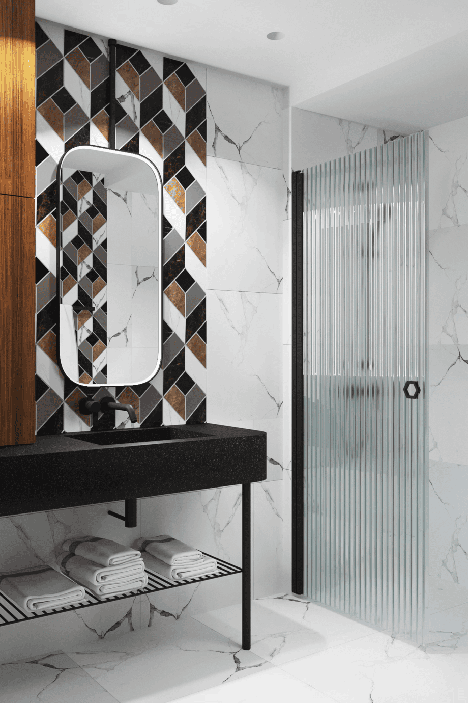 Svängbar duschdörr Hietakari Forma 302, svart ram, räfflat glas (Reeded)
