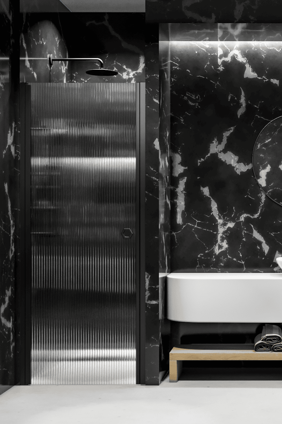 Svängbar duschdörr med väggmagnet Hietakari Forma 382, svart ram, räfflat glas (Reeded)