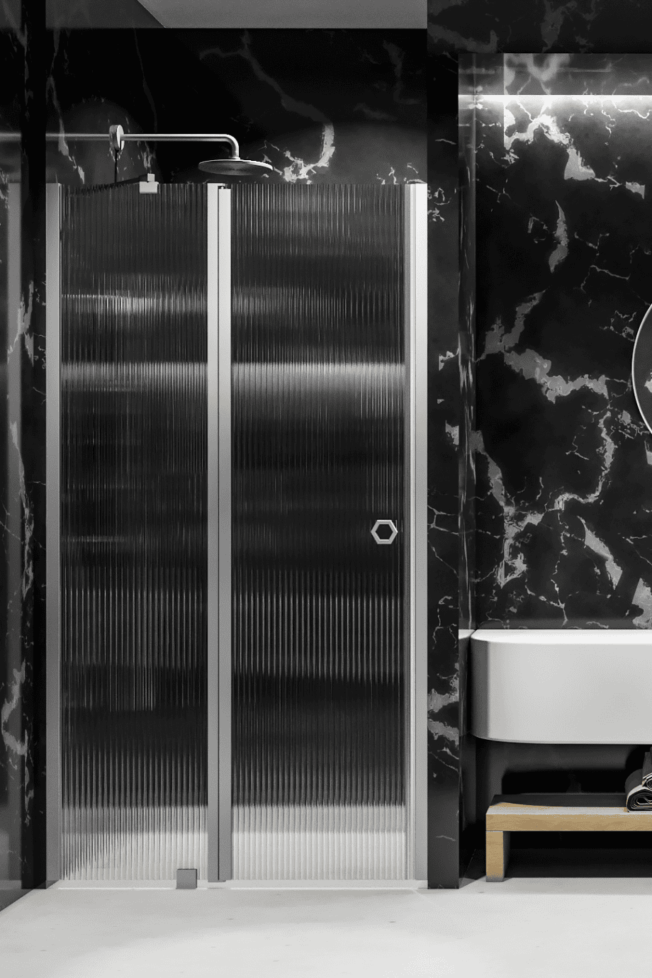 Svängbar duschdörr med fast del och väggmagnet Hietakari Forma 384, aluminiumram, klart glas Svängbar duschdörr med fast del och väggmagnet Hietakari Forma 384 – 5