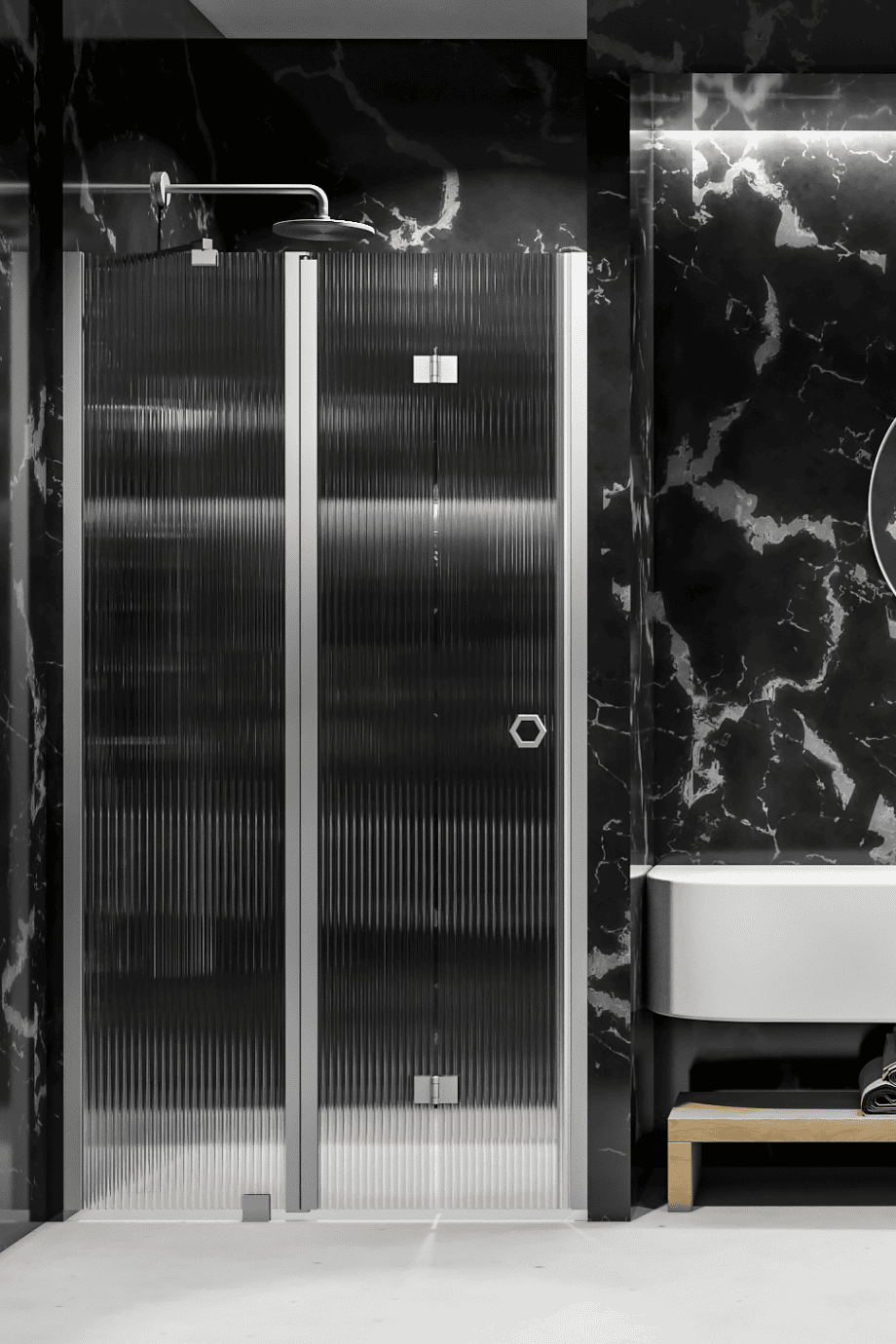 Vikbar duschdörr med fast del och väggmagnet Hietakari Forma 385, aluminiumram, klart glas Vikbar duschdörr med fast del och väggmagnet Hietakari Forma 385 – 5