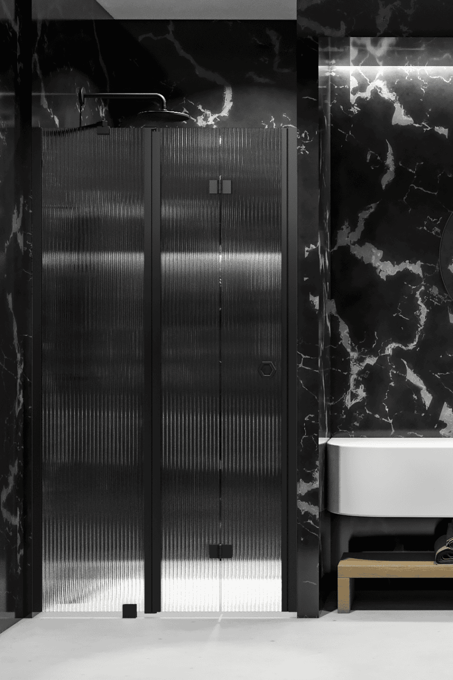 Vikbar duschdörr med fast del och väggmagnet Hietakari Forma 385, svart ram, klart glas Vikbar duschdörr med fast del och väggmagnet Hietakari Forma 385 – 6