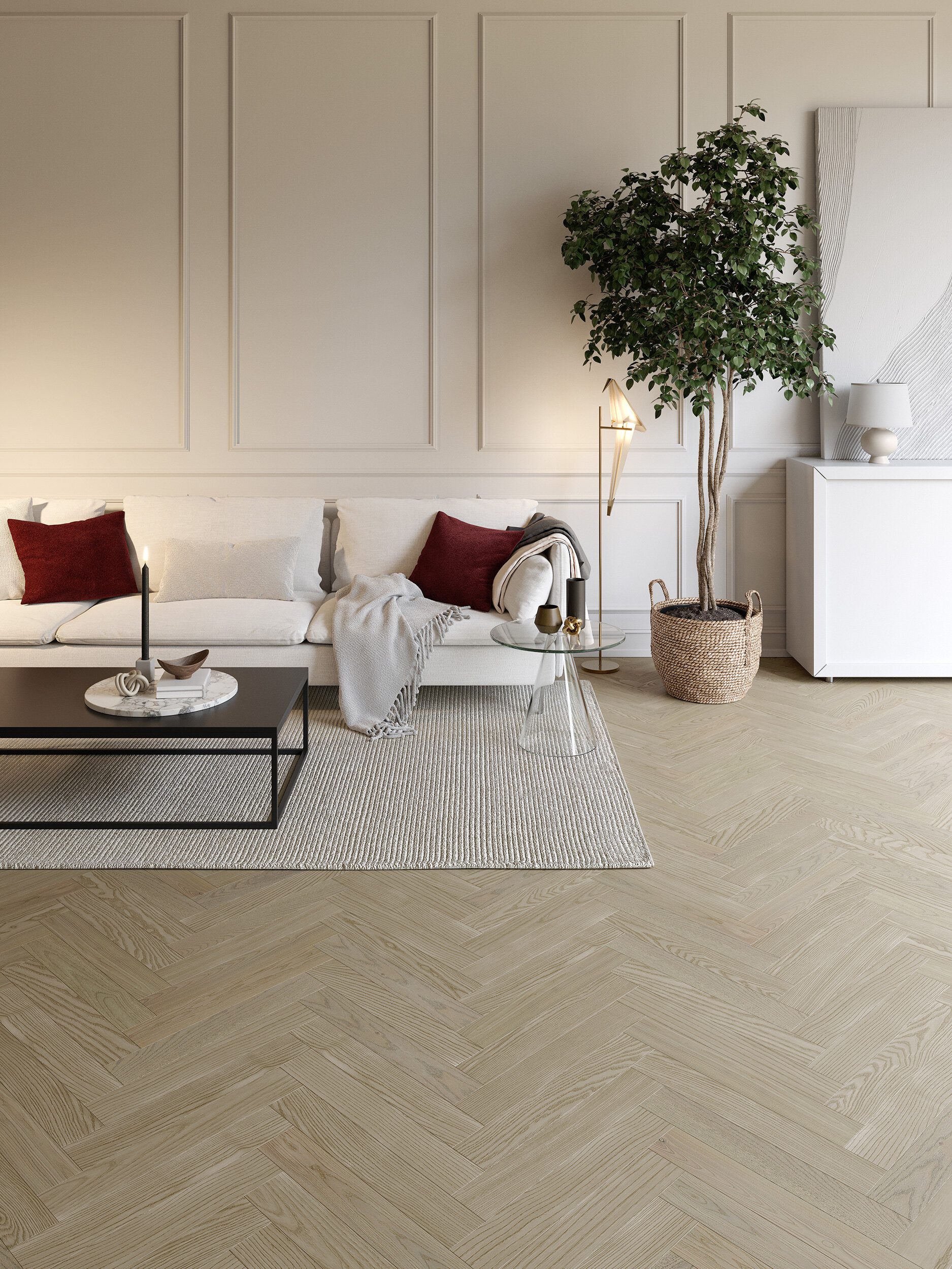 Fiskbensparkett ask Esta Elegant Sandstone Original 700 mm extra mattlackad – 3
