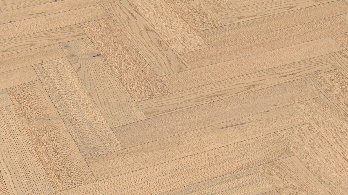 Ekparkett Meister, Lindura HS 500, Classic oak cream white 20231, fiskben, 700 x 140 mm, borstad, ultramatt lack