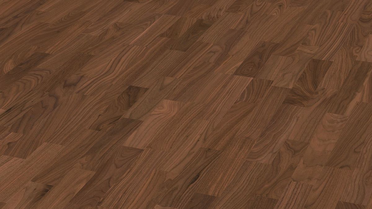 Valnötsparkett Meister, Longlife PC 200, American walnut harmonious 09043, 3-stav, 2400 x 200 mm, borstad, ultramatt lack