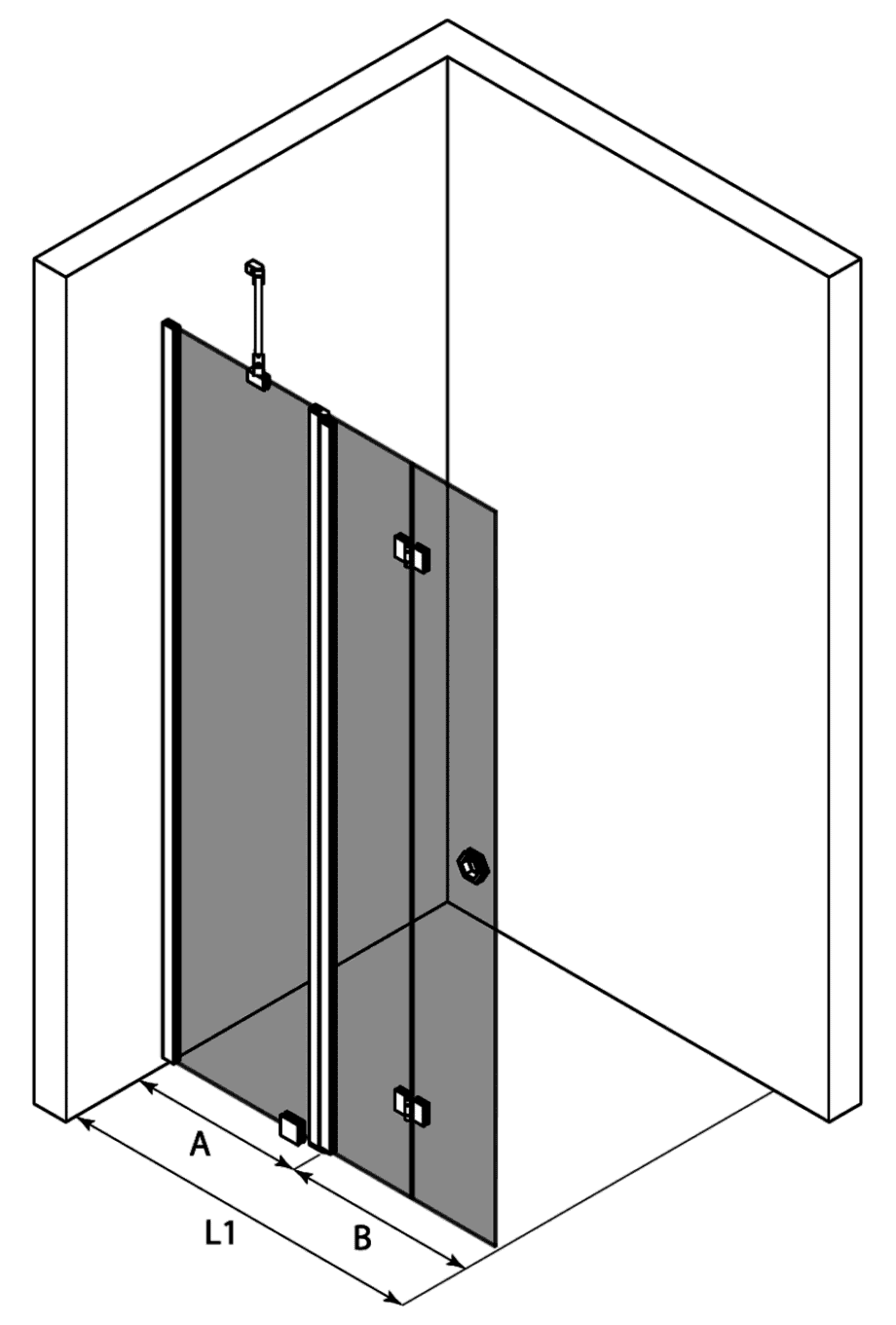 Vikbar duschvägg med fast del Hietakari Forma 305 – 3D-ritning Vikbar duschvägg med fast del Hietakari Forma 305 – 3D-ritning